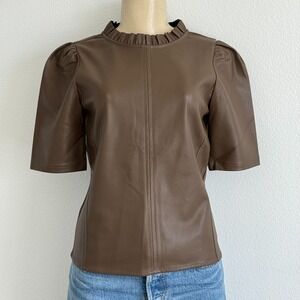Ann Taylor Faux Leather Ruffle Top Mocha Brown Structured Modern Professional XS